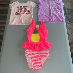 Girls Size 2T Pineapple 2 Piece swimsuit & 2 Grandma Short Sleeve T-shirts